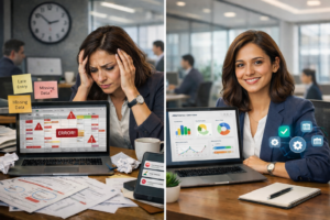 Split-screen ultra-realistic office scene featuring an Indian HR professional managing attendance. On the left, she looks stressed at a cluttered desk with messy spreadsheets, error warnings, sticky notes like “late entry” and “missing data,” scattered papers, and phone notifications. On the right, the same professional appears calm and smiling in a clean workspace, viewing an organized attendance dashboard with charts and automation icons, symbolizing efficient HR management.